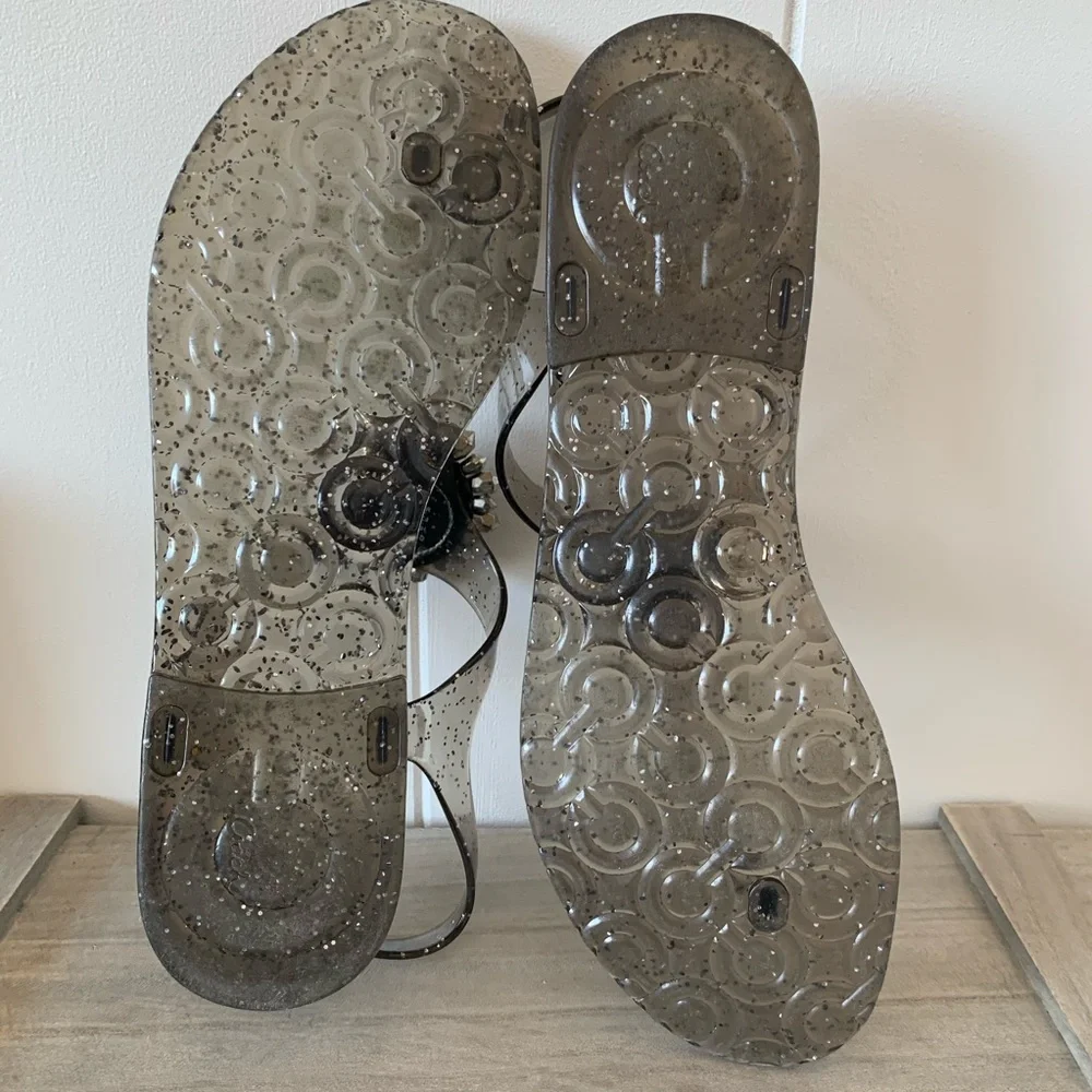 Coach Smoky Black Jelly Sandals with Crystal Flower Accent